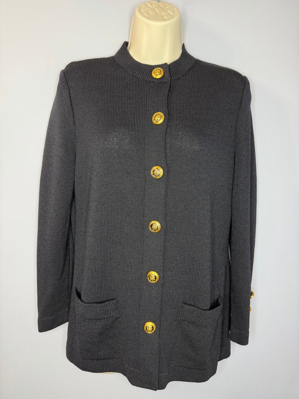 St. John Black Santana Knit Cardigan Gold Logo Buttons Women's S